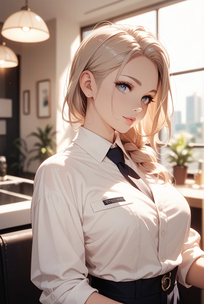 looking at the audience , whole body, Upper body focus, actual,shiny skin,(Female office worker),business suit,, , (pretty face:1.1),(masterpiece, high quality:1.2) huge breasts, maternal love, porcelain skin, Dear Blonde, Very long hair, curls,aldult