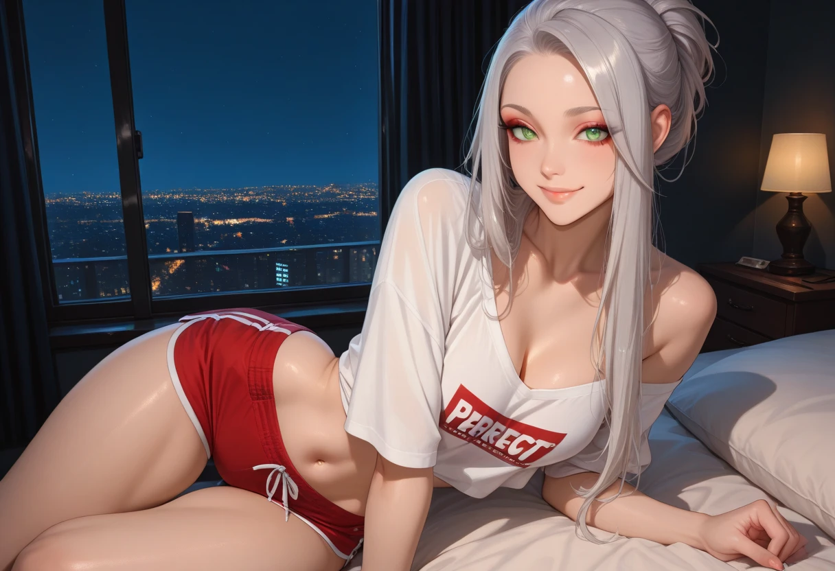 ((Sports figure)(Super beautiful girls))((The perfect masterpiece, better resolution, EXTREMELY DETAILED CG UNITY 8K UHD QUALITY RESOLUTION WALLPAPER, image, official art, photorealistic)), (1 girl), long platinum white hair, Necro-halo, ((Bright red eyes, long detailed eyelashes, blushing, Sexy seductive slutty facial expression, tons of tattoos and piercings)), bang, tits, showing cleavage, giant rip from her shirt, (curvy hips), on all fours, arching her back, looking back at the viewer, her ass is facing the viewer, good big, close-up view of the camera from below, Sexy slutty seductive pose, slim, bright hair color, Trendy hip-hop style clothes, Harajuku inspired, White panties showing, In her bedroom, Gothic post-apocalyptic bedroom background