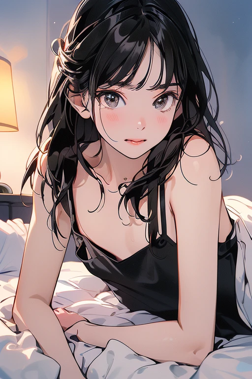 Beautiful black brown curly ponytail girl lying on bed