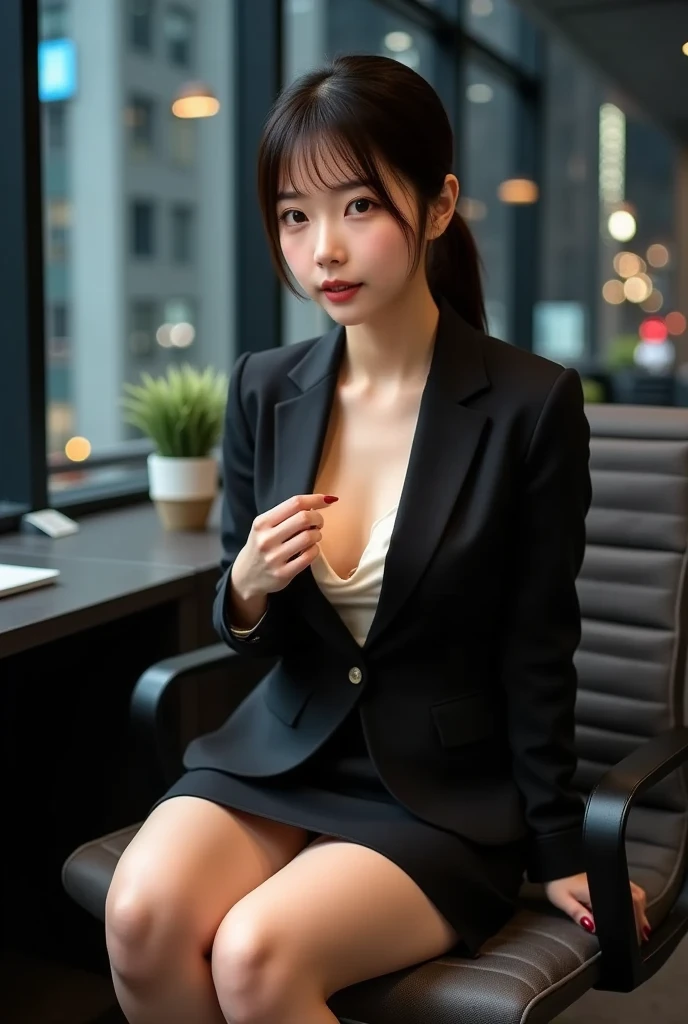(realistic:1.3), finely detailed, quality, rembrandt lighting, (masterpiece:1.2), (photorealistic:1.2), (best quality), (detailed skin:1.3), (intricate details), dramatic, ray tracing, 1girl, japanese girl, 21 years old, detailed skin texture, (blush:0.5), (goosebumps:0.5), subsurface scattering, smiling, medium breasts, long hair curls, parted bangs, necklace, shirt, formal suit, skirt, pantyhose, high heels, (office, desk, wariza, from above, window, bright sunny day), <lora:officelady:0.5>