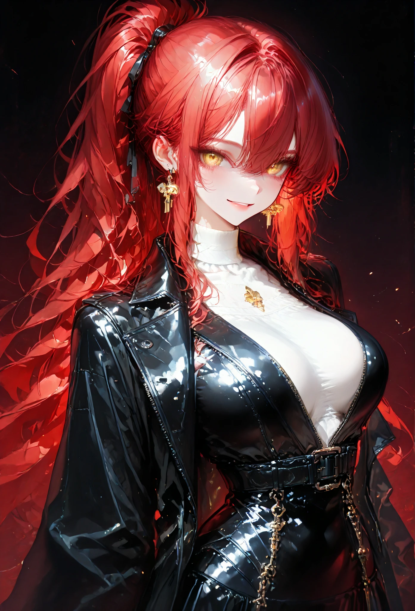 火焰/butterflys/Loim,tmasterpiece, Best quality, A high resolution, 1 busty girl, Alone, Modern vampires, red hair clothing, Long gray hair, Open the hair, red eyes, energetic smile, Red and black clothes, 火焰/butterflys/Loim,