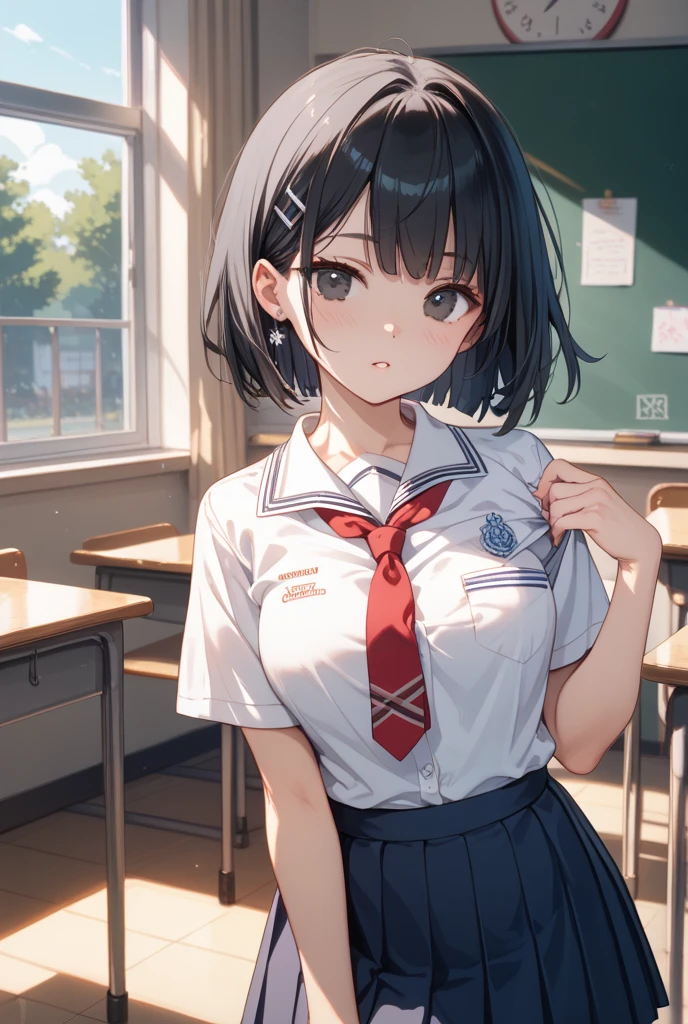 NSFW、(Short sleeve white sailor uniform:1.3)、(Dark blue micro mini skirt dark blue:1.2)、(White string panties:1.2)、Dark blue micro mini skirt dark blue、Mature Woman、Toned body、Big Breasts、(tall、daddy longlegs、175cm)、(quality))、((masterpiece))、(これはclassroomでセーラー服を着たセクシーな女子高生のクローズアップショットです:1.4)、(solo:1.4)、(One girl:1.4)、(Very short black hair:1.3)、(Light blue eyes:1.2)、(belly button:1.1)、(Navy collar、Yellow tie)、Dark blue micro mini skirt dark blue、Recommended results、Plump nipples、Stand up straight、Abdominal muscles、Huge bust、Angle to floor:1.2、Low camera angle、School、classroom