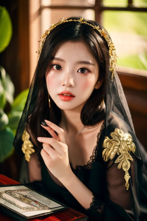 (((best quality))),(((ultra detailed))),(((masterpiece))),illustration,((1girl,Arabian dancer,solo)),(hijab:1.3),((slim,thin)),((small breasts,flat chest)),((earrings,necklace)),((pearls,jewels,gemstones)),(night scene:1.3),(standing:1.3),(in luxurious palace:1.3),(indoor:1.3),(gorgeous embroidered red sheer abaya:1.3), intricate patterns,((Arabian theme,Middle Eastern culture)),(shoulder length straight hair:1.2),(sheer veil on face:1.3),mystery, ornate furnishings, decorations, enchantment, magic, Persian magic carpet,night sky, floating,Aladdin's lamp, flame, fulfillment of desires,candlelight,romance,One Thousand and One Nights, coherent narrative, dreamlike atmosphere, deep emotions, graceful movements, passion, face beneath the veil, beloved's dream, timeless beauty, enchantment,magical world, wondrous journey,((from front,upper body))