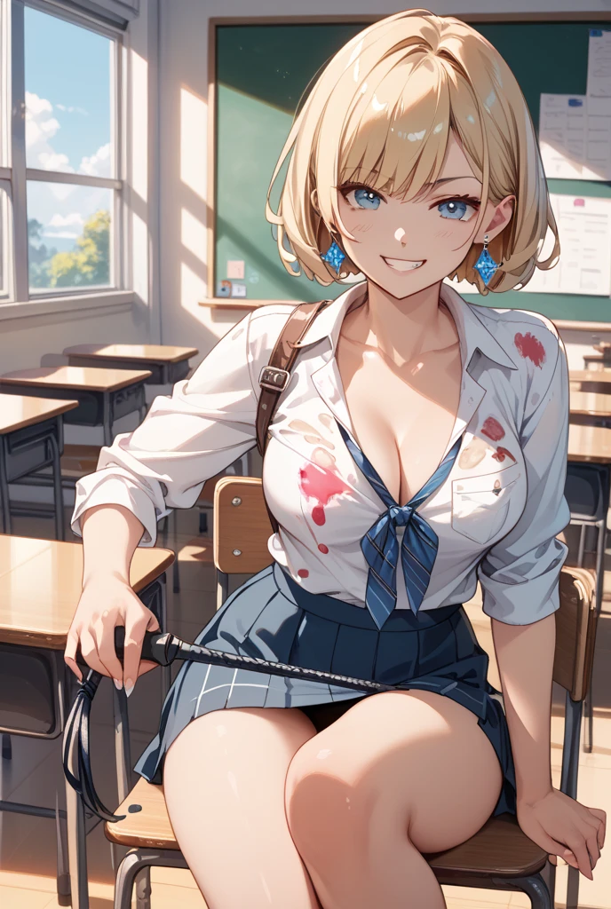 1girl, indoors, shirt, breasts, navel, tied shirt, solo, jewelry, skirt, bracelet, red eyes, blonde hair, short hair, smile, looking at viewer, red skirt, large breasts, plaid skirt, open mouth, wet, plaid, dark-skinned female, wet shirt, dark skin, necklace, wet clothes, bangs, white shirt, cleavage, collared shirt, gyaru, window, :d, blush, hair between eyes, desk, classroom, earrings, pleated skirt, hand on hip, standing, collarbone, stomach, chair, see-through, midriff, miniskirt, shiny skin, school desk, hand up, cowboy shot, , thighs, teeth, school chair, day, groin, contrapposto, shiny, ear piercing, piercing, ass visible through thighs, no bra, dress shirt, sleeves rolled up, bead bracelet, stud earrings, long sleeves, tan, front-tie top, upper teeth only, see-through shirt, crop top, bangle, nail polish, fingernails, hand in own hair, sunlight, kogal, star (symbol), covered nipples, tiles, backlighting, wing collar, pendant, sweat, medium hair, beads, short sleeves, curtains, multiple earrings, wristband, open shirt, tile floor, no panties, open clothes, hair intakes, table, long fingernails, unbuttoned, cross necklace, heart necklace, lower teeth only, partially unbuttoned, microskirt, feet out of frame, simple background, cross, crossed bangs, chalkboard, star earrings, lowleg, bob cut, eyelashes, signature, medium breasts, legs apart, sidelocks, mole, navel piercing, tree, artist name, shiny hair, unbuttoned shirt, white background, ceiling, school, wet hair, arm up, hair tucking, bare legs, pink nails, no humans, sitting, hoop earrings, heart, buttons, skindentation, round teeth, white nails, long hair, red nails, Uniform distribution, see-through silhouette, socks, evening, fang, shadow, mole on breast, water, hand to head, sleeves past elbows, tongue, holding, nipples, pearl bracelet, glint,