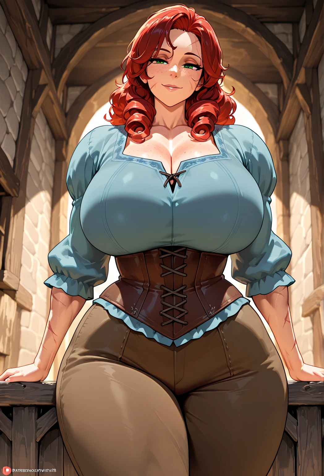 Cute Farmgirl with Braids. ((red haired woman, long hair, pointy ears, elf ear)), Perfectly round face. Beautiful cute face, Big beautiful voluptuous lips, charming beauty, ((gentle expression on your face)), ((Beautiful detailed big blue eyes)), Waist slender, Broad Hips ((Dark blue dress with ruffles, modest dress, very high neckline)) (highy detailed)),offcial art, Award-winning digital painting, digital illustration, extreme detail, 4K, ultra HD, Rococo, polished, intrikate, realistic fantasy art, sharp focus, conceptual artwork, arte por wlop, artgerm, (2D vector illustration) Lumiere, airy, hourglass figure. ellie bamber
