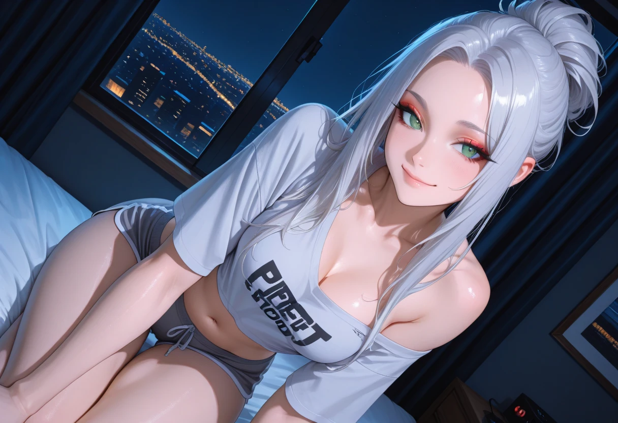 ((Nipple Emphasis)), ((Full body image)),((Very large breasts)), ((官能的なShowing pussy)), (Naked Women),(Grin)、Gal-style makeup、Gal-style dense shadow eyeliner、Long eyelashes、(Long False Eyelashes)、(Gal Style)、Glossy skin(((Highest quality))),(Blunt bangs,Silver Hair) (Her body is super sexy),(A woman seducing an erotic man),No clothes on、Huge saggy breasts、Very detailed、Big nipples、Very large areola,Showing pussy,Spread your legs,Wide Hips,Dark Room