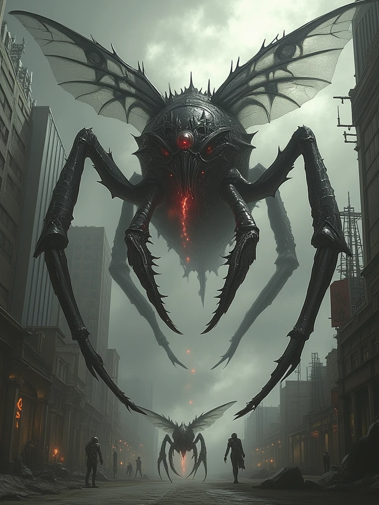 ((best quality)) , ((masterpiece)) , (detailentasy illustration of an enormous wasp with glowing eyes, surrounded cheering people in the style of magic The gathering card art. In front is a large yellow moon over a fantasy town background. Vibrant colors are used.，(Horror-themed ， Eerie, unsettling, dark, spooky, suspenseful, grim, highly detailed,ugly)
