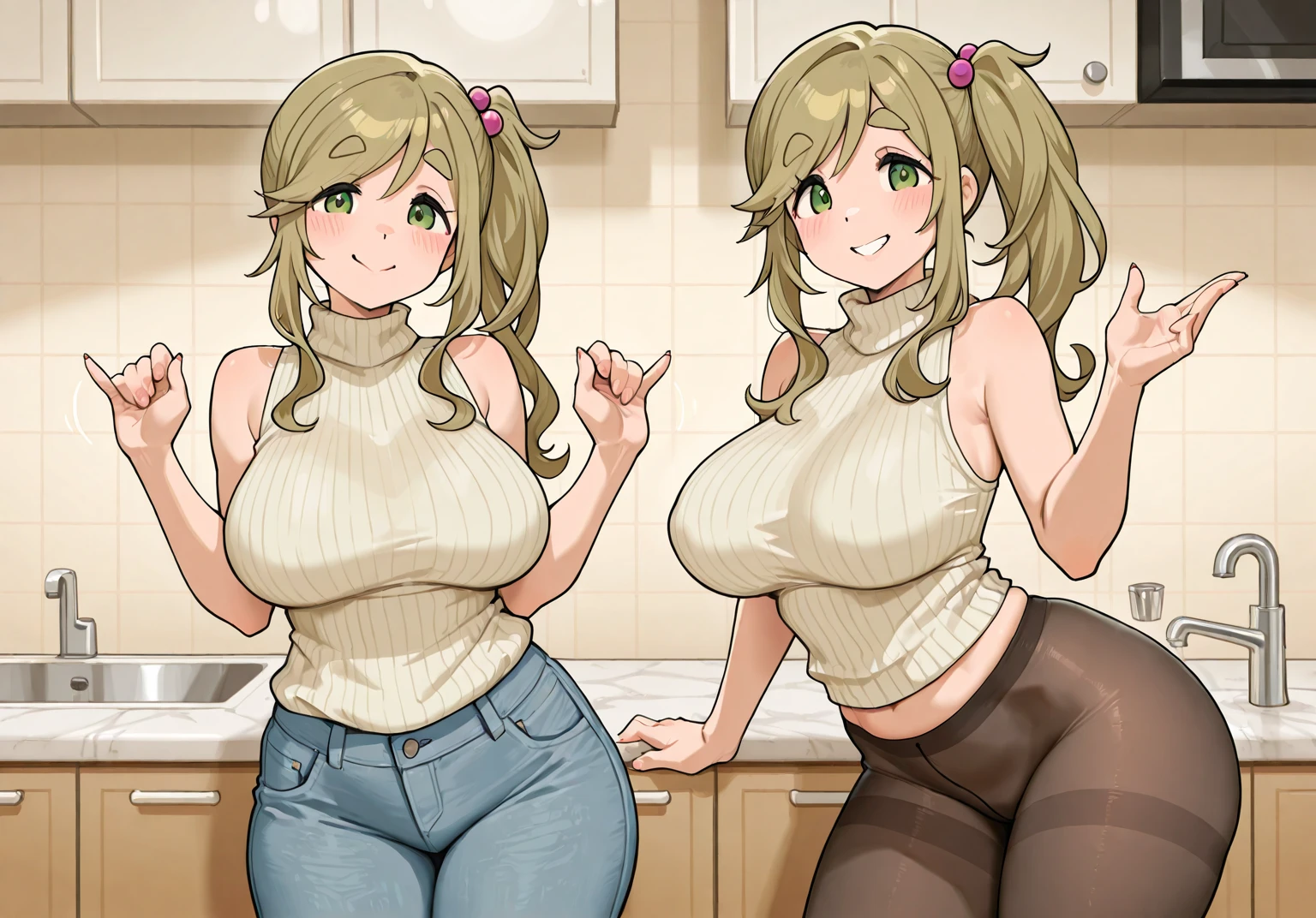 master-piece, bestquality, 1girls,16 years old, View viewers from front, HD, slight smile, massive tits, cleavage, under , tights cloth, , tiny body, under tits cleavage, look down, stand up, wide hips, mimosa vermillion, brown hair, (green eyes:1.5), blunt bangs, bangs, medium hair, wavy hair,