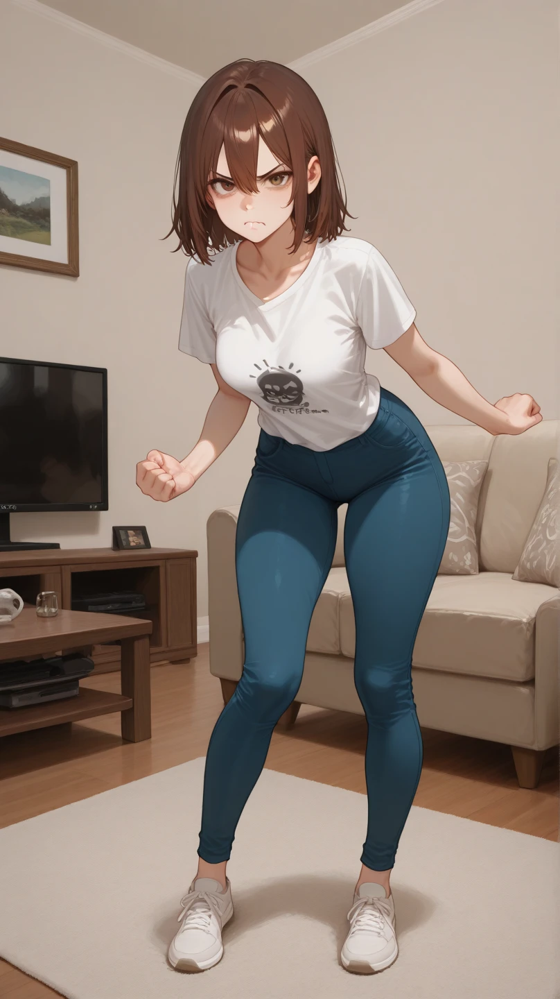 1 girl, Solo, Best quality, A high resolution, hyper-detailing, full bodyesbian, Japanese Woman, High quality eyes, (double-bun:1.3), (hair bow:1.2), Short hair, (Yellow_Turtleneck_Sweater:1.5), Long sleeves, Medium breast, (purple skinny leggings:1.4), (Yellow cutter_slippers:1.3), Bow on shoes, standing, Pleasant expression, Stretch your arms, Place a hand on your chest, Arch back, Legs together, Tiptoe, Indoors, Dance studio, Sunny day, High quality background, Depth of field
