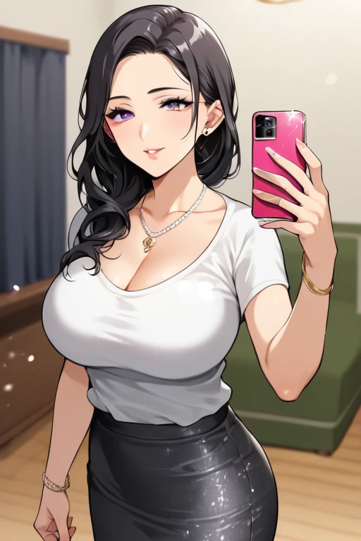Hot sexy beautiful milf mom taking selfie while holding the penis one hand of fat ugly old man ,slender body, detailed lips rings ,black hair,black eyes,white sun glasses on head, detailed , big hoops earrings , alluring face, smiling, necklace , red lipstick ,two hair ponytail , cleavage,pointy aroused nipple ,