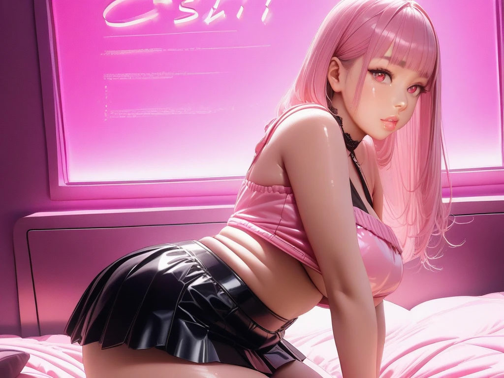 1 girl, tanned_skin, white wavy long hair, large ass, wearing a white transparent lingerie, full lips, pretty long eyelashes, pretty eyebrows, soft looking skin, wearing one black velvet choker around her neck, night, neon light, masterpiece, wearing diamond earrings, sitting on a chair with her legs spread, looking at viewer, ((blue eyes)), (Sakura Haruno hairstyle)