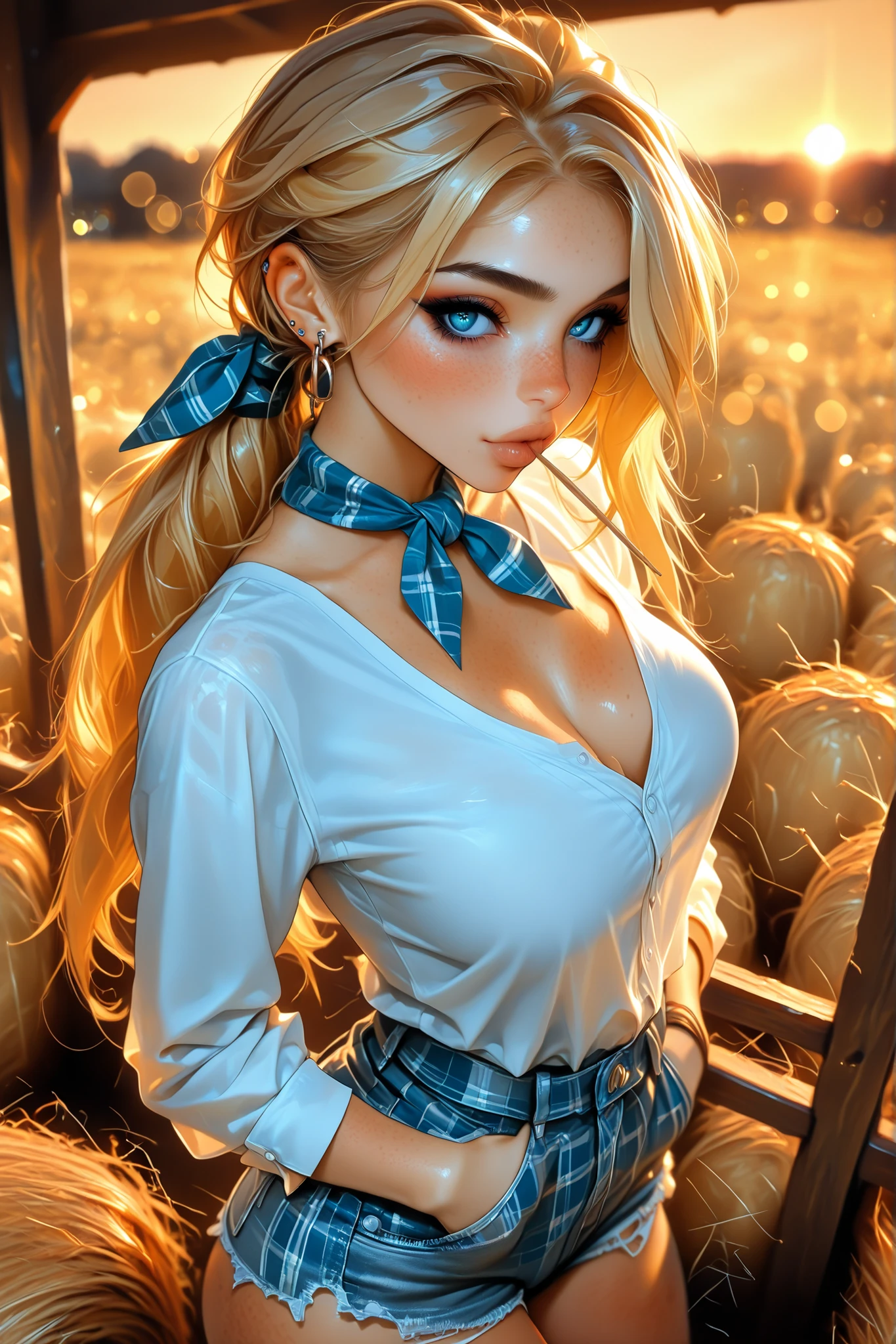 mature model, barn background, piece of hay in mouth, (high angle 1.2), looking at viewer, dynamic pose, masterpiece, best quality, high details, Ray tracing, hdr, Neckerchief, hoop earings, volumetric lighting, bokeh, depth of field, glossy lips, score_9, score_8_up, score_7_up, upscale 2x, Mature Girl with Long ponytail and Piercing blue Eyes, beautiful face, close up, tight plaid button up shirt, ripped jean shorts, hands in pockets, freckles, eyeliner, blonde, medium breasts, ample cleavage, sunset, hair ribbon