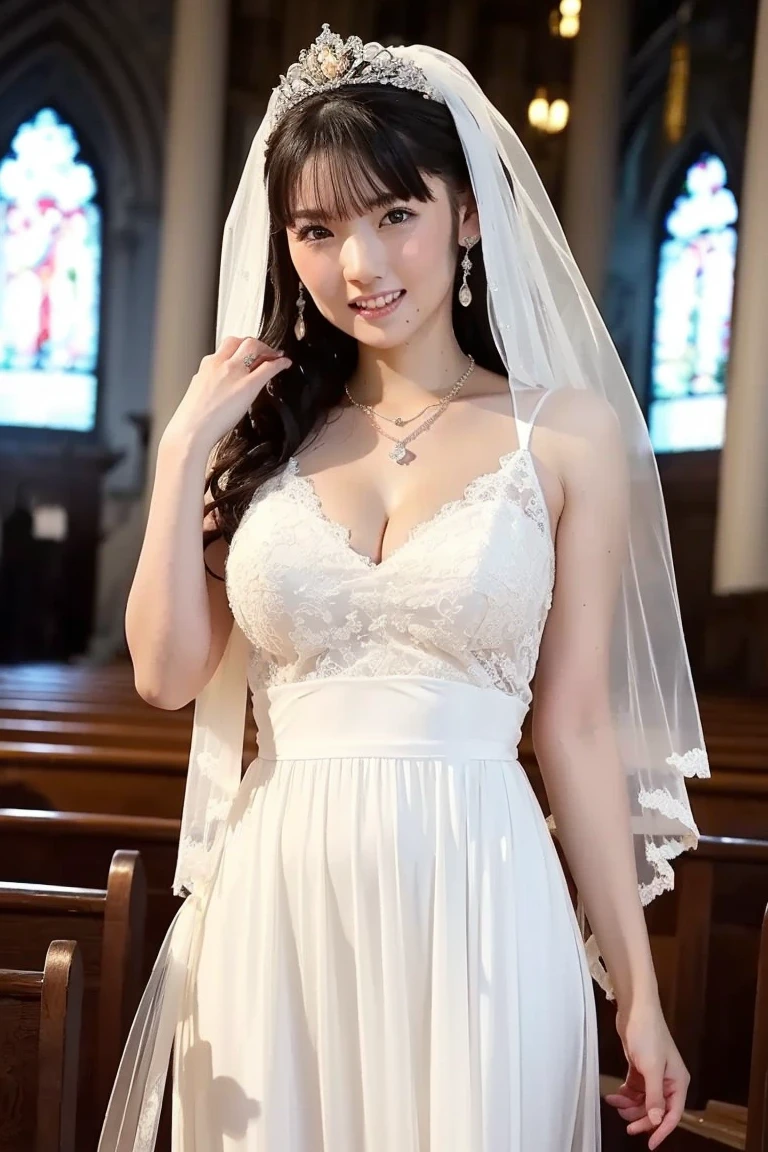 (Masterpiece: 1.4), (Hyper Realistic: 1.4), (Best Quality, 16k, 32k, Masterpiece, UHD: 1.2), Pretty Japan Woman Pictures, 1 Young Girl, Double Eyelids, (Big: 1.2), Sexy Bride, (Pure White Wedding Dress, Wedding Veil)), (Deep Slit: 1.2), (Smile: 1.1), Off Shoulder , ((stained glass in church)), cleavage cutout, (full body)