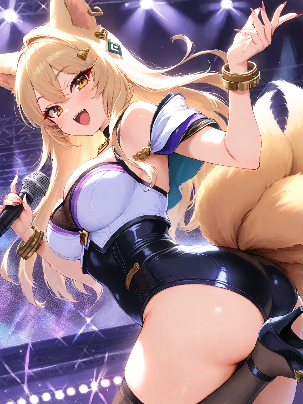 realistically, 1 girl, twintail, brown eyes, glowing eyes, white short skirt, Blush, daytime, sweat, see through, dancing, Strapless, nipples, pussy, 16 years old, crotch, concert stage, Spread your legs,