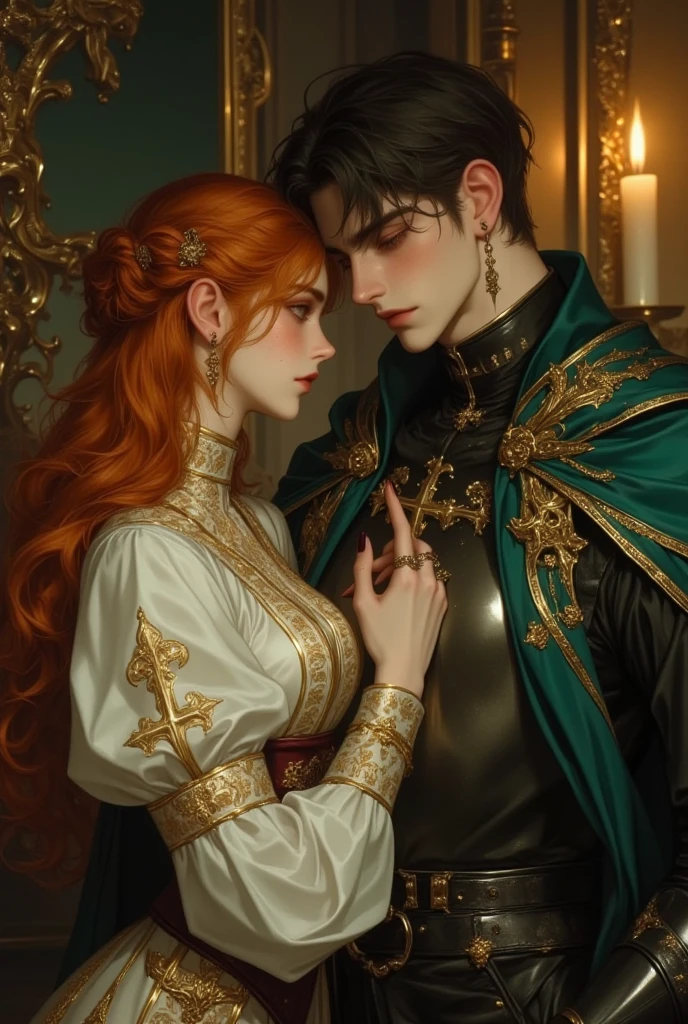 1 woman and 1 man, Gorgeous, awe-inspiring, 30-year-old woman kneels a man with black hair, high-detail castle corridor, horror, goddess Moran, red hair, green eyes, cold, a man on his knees, a woman holds his chin, detailed illustration to a fairy tale, illustration from a horror collection, illustration of an old school fairy tale, beautiful detailed eyes, beautiful detailed lips, (best quality, 8k, high resolution, masterpiece: 1.2), over-detailed, (realistic, photorealistic, photorealistic-realistic image: 1.37), digital painting, traditional illustration style