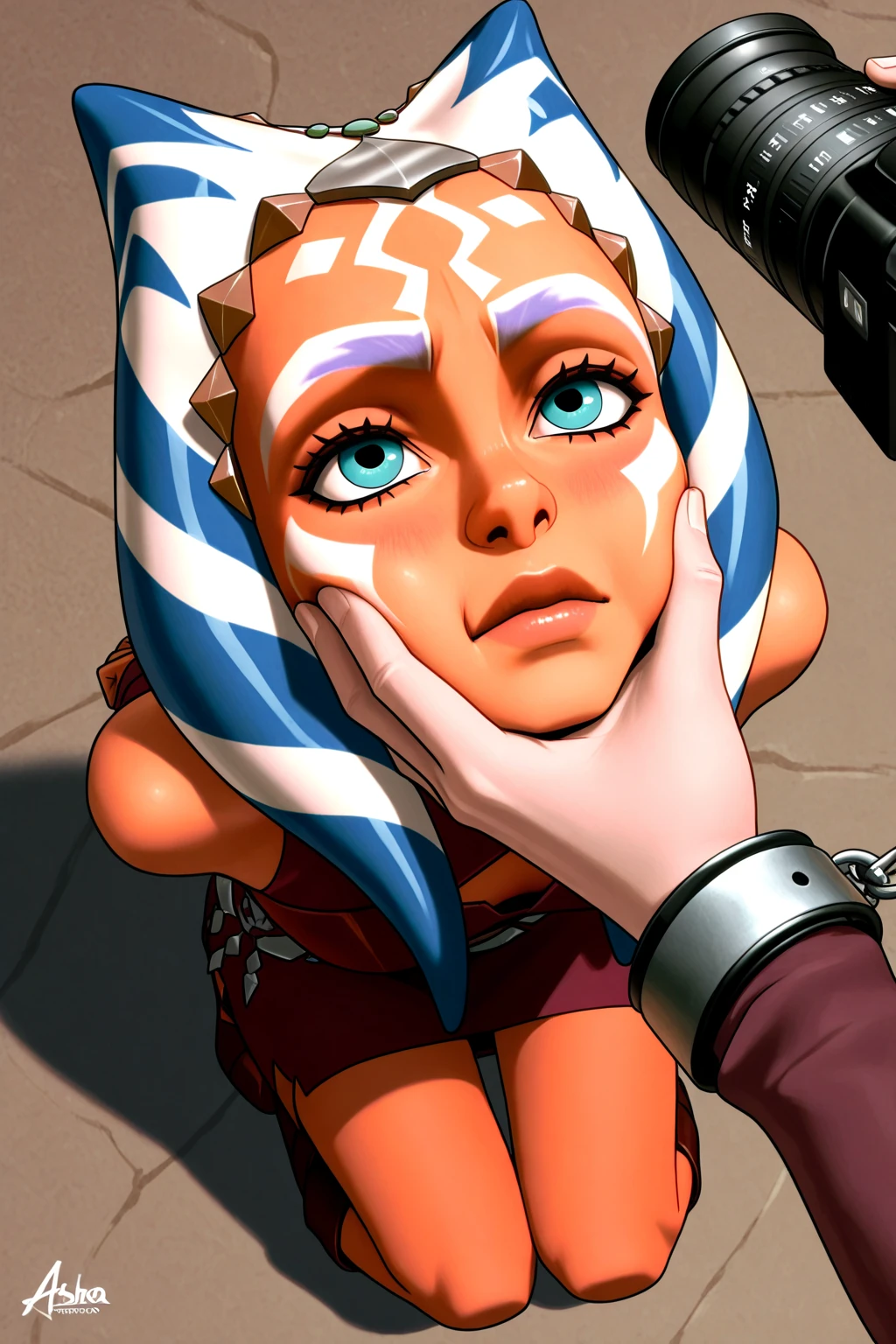 score_9, score_8_up, score_7_up, score_6_up, score_5_up, score_4_up, AhsokaTanoXL, blue eyes, tentacle hair, orange skin, colored skin, facial mark, medium breasts, blue dress, bare shoulders, guantlets, seductive smile, looking at viewer, indoors, blush, open mouth, big mouth, tongue, tongue out, close up, saliva, uvula, uvula, room, mouth focus, excessive saliva, giantess, long tongue, large tongue