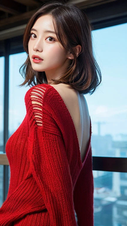 1 young cute iranian girl, very slim, skinny, redhead, rouge, red neck lace choker, cateyes makeup, colorful, oversize knit jumper, softcore, warm lighting, cosy atmosphere, Instagram style, red theme, upper body shot,(cinematic, black and red:0.85), (sunset beautiful background:1.3), sharp, dim colors