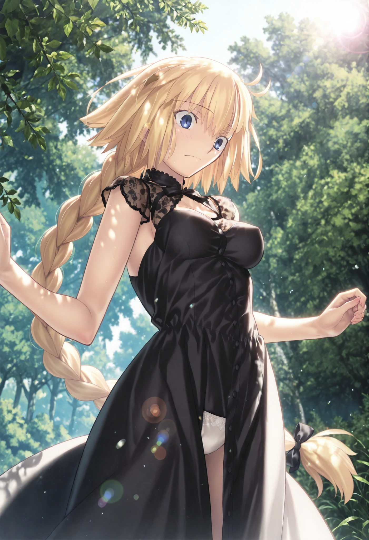 masterpiece, , absurdres, highres, detailed background, high resolution, masterpiece, necessary, detail, best quality, quality, necessary, details, High details, Precise, 8k, outdoors, dappled sunlight, day, lens flare, blurry background, , from below:0.7,
1girl, , Takeuchi Takashi (type-moon,tsukihime) style, takeuchi takashi style, , jumping, ,cowboy shot,
girl, slim arms, jeanne d arc, \(fgo\), blue eyes, wide eyed, jeanne d arc, blonde hair, medium hair, , single braid, ((very big braid, huge braid)), , summer long dress, black lace dress, half-sleeve, medium breasts, looking down, closed mouth, white panties slip,