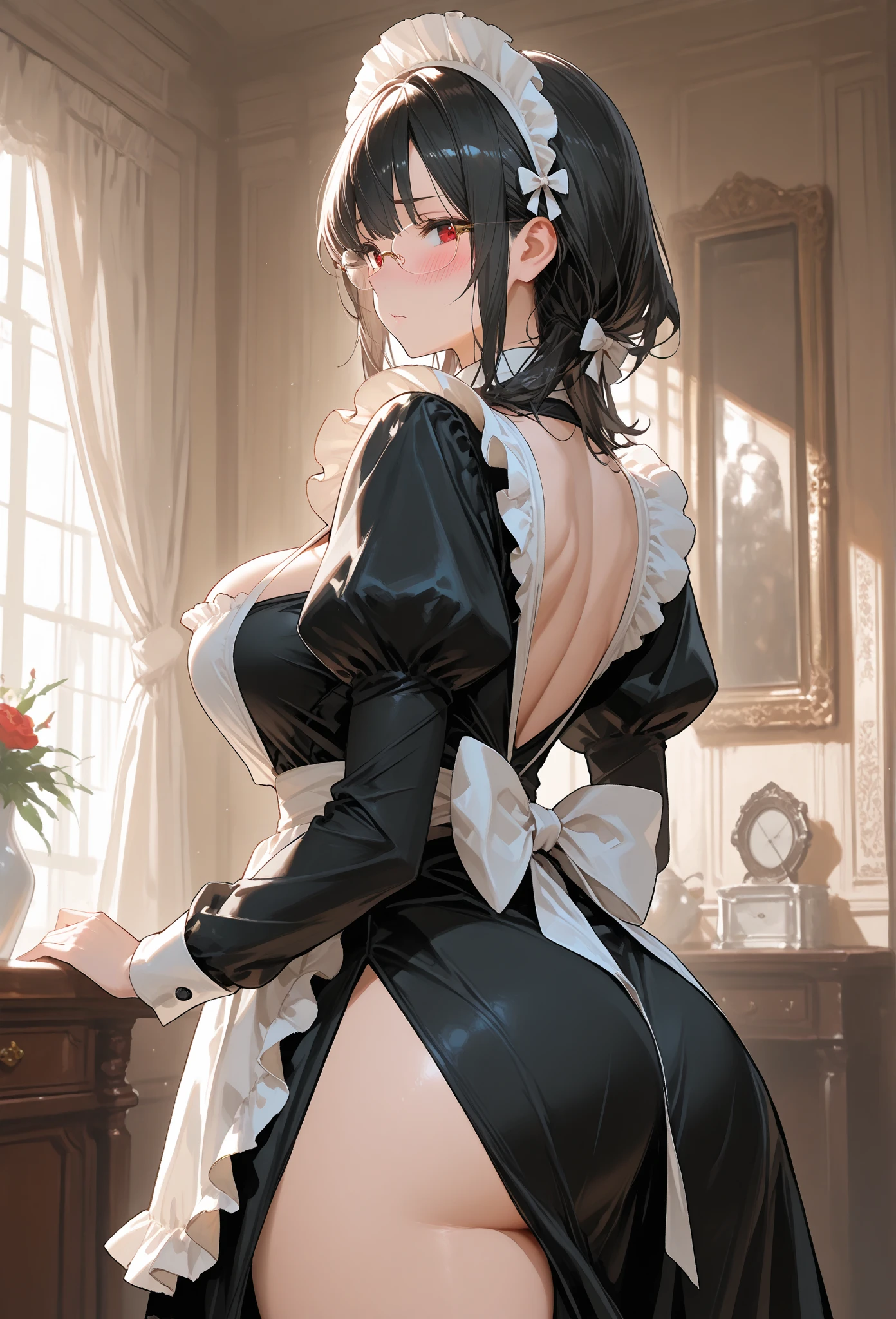 (simplistic),full body view,intricate details,(best quality),(masterpiece:1.2),(detailed:1.2),(sharp focus), long braided black hair, cat girl, ((cat ears)), ((black tail)), ((maid outfit)), (((black mask))), ninja, hidden, (((house inside background))), ((holding broom)), (thick body), big ass, yellow eyes, ((inside house background)) (((maid))) ((alone)))