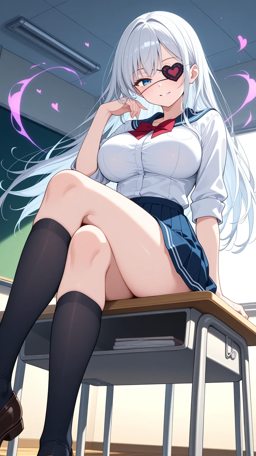 2d, masterpiece, best quality, anime, highly detailed, 1girl, solo, (white hair, blue eyes, white shirt, black skirt, black bowtie:2), (very long hair:1.4), (ponytail:2), school uniform, straight-on, smile, (full body:1.5), (from below:1.5), thick thighs, looking down at viewer, upskirt, (large breasts:1.3), field, (looming:1.3), (mature female:1.6), high quality, hd quality, masterpiece, photorealistic, (presenting foot, soles, close-up foot:1.3), intense angle, :d, (sitting on desk:1.6), very low angle, female pervert, toragao, (sitting:1.5), (black thighhighs, barefoot,:1.4), full body in frame, (classroom, indoors:1.3), clasroom desk, (hand on desk:2), (one hand at side:1.6), (licking lips, licking own lips:1.1), (sweat:1.2), anime girl sitting on a desk with her legs crossed, hyperrealistic schoolgirl, realistic schoolgirl, a hyperrealistic schoolgirl, seductive anime girl, smooth anime cg art, thighs close up, thighs!!!, beautiful anime girl squatting, commission for high res, large thighs, extremely detailed artgerm, sitting on a desk, on a desk, (crossed legs:1.7), (disappointed, closed mouth:2), (bangs:1.4), (perfect feet:1.4), (cleavage, unbuttoned shirt, bursting breasts:1.4),