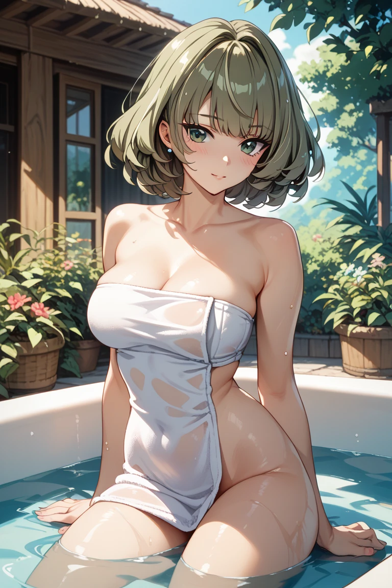 ((Highest quality)), ((High resolution)), ((masterpiece)), (detailed),
View your audience, Cowboy Shot, Written boundary depth, Anatomically correct, 1people, female, Perfect Face, Cute and symmetrical face, Shiny skin,
(short hair, Blonde), Pink eyes, Long eyelashes, (Big Breasts:1.1),
Beautiful details, Beautiful Hair, Beautiful Face, Beautiful clavicle, Beautiful body, Beautiful breasts, Beautiful thighs, Beautiful feet,
((naked, Wrap a towel around your body, Swim Tan)),
(Beautiful views), Open-air bath, Mountain stream, (Embarrassed look),