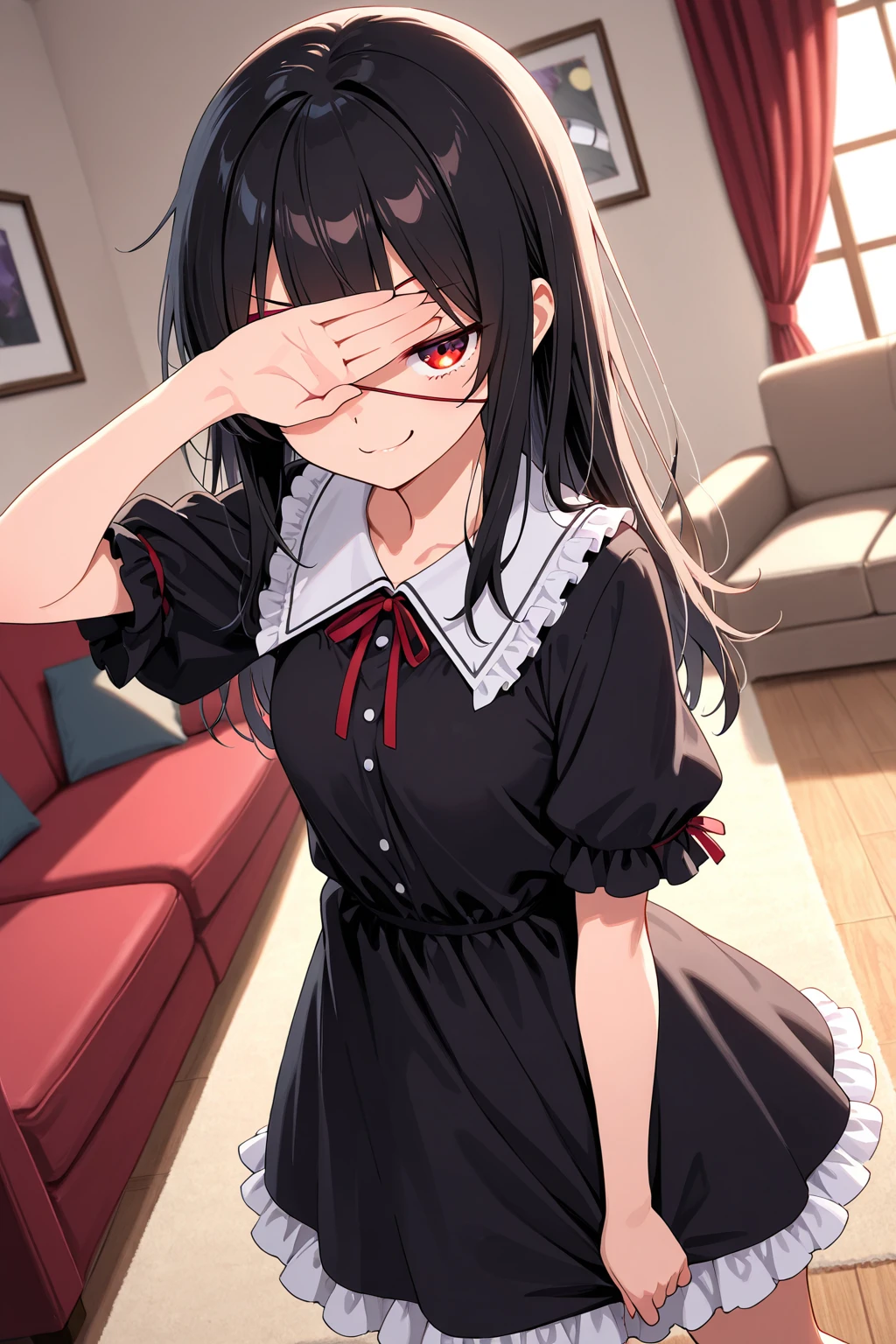 yuukikonno, Yuki Konno, hair band, long hair, pointed ears, purple hair, (red eyes:1.5), (small breasts:1.2),Ahoge,tilt one's face, twin tails,open your mouth,smile,blush,she was wearing a maid skirt, black stockings on her legs, put both arms behind one's back,slouch,peek from above,bare shoulders,cute standing,
break looking at viewer, Upper body, whole body,
break indoors, Bedroom,
break (masterpiece:1.2), highest quality, High resolution, unity 8k wallpaper, (figure:0.8), (detailed and beautiful eyes:1.6), highly detailed face, perfect lighting, Very detailed CG, (perfect hands, perfect anatomy),