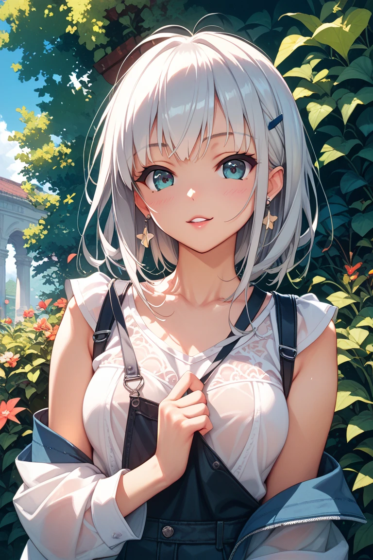 masterpiece,highest quality,8k quality ,Highly detailed face,fine grain,Waterfront,Highlighted eyes, medium breasts ,pretty girl,smile,Cat ear,Beautiful silver hair,Pink inside,Beautiful pink eyes,Oversized shirt、Hydrangea, distressed jeans, shiny skin, beautiful shadow