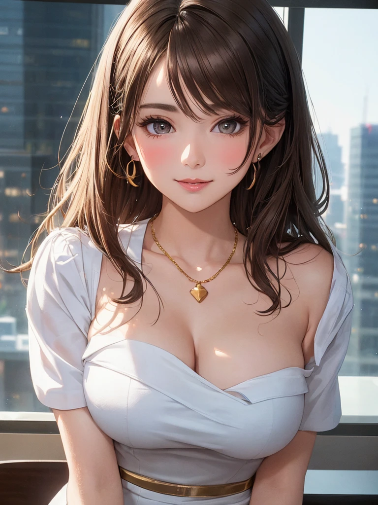 1lady solo, mature female, upper body, /(ornate light blue bra/) /(sexy and revealing/) necklace, /(long brown hair/) bangs, earrings, blush kind smile, (masterpiece best quality:1.2) delicate illustration ultra-detailed, large breasts, cleavage, BREAK /(living room/), detailed background