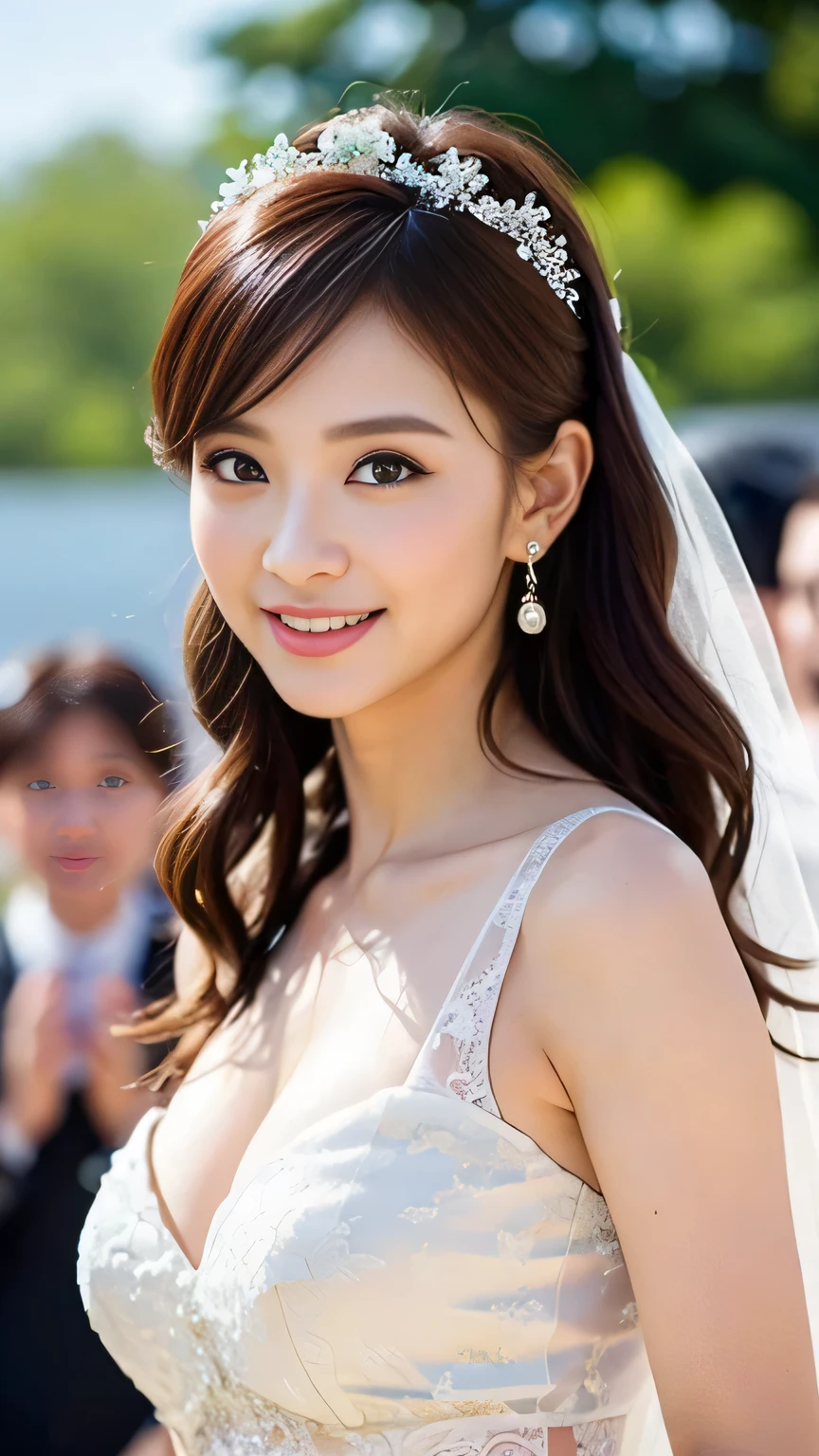 (Top Quality, 8k, 32k, Masterpiece, UHD: 1.2), Dainty Japan Woman Pictures, One Girl, (Dark Brown Hair), Double Eyelids, (Big: 1.2), Sexy, ((White Wedding Dress, Wedding Veil)), (Deep Slit: 1.2), (Side Boob), (Smile: 1.1), Overhead Shot