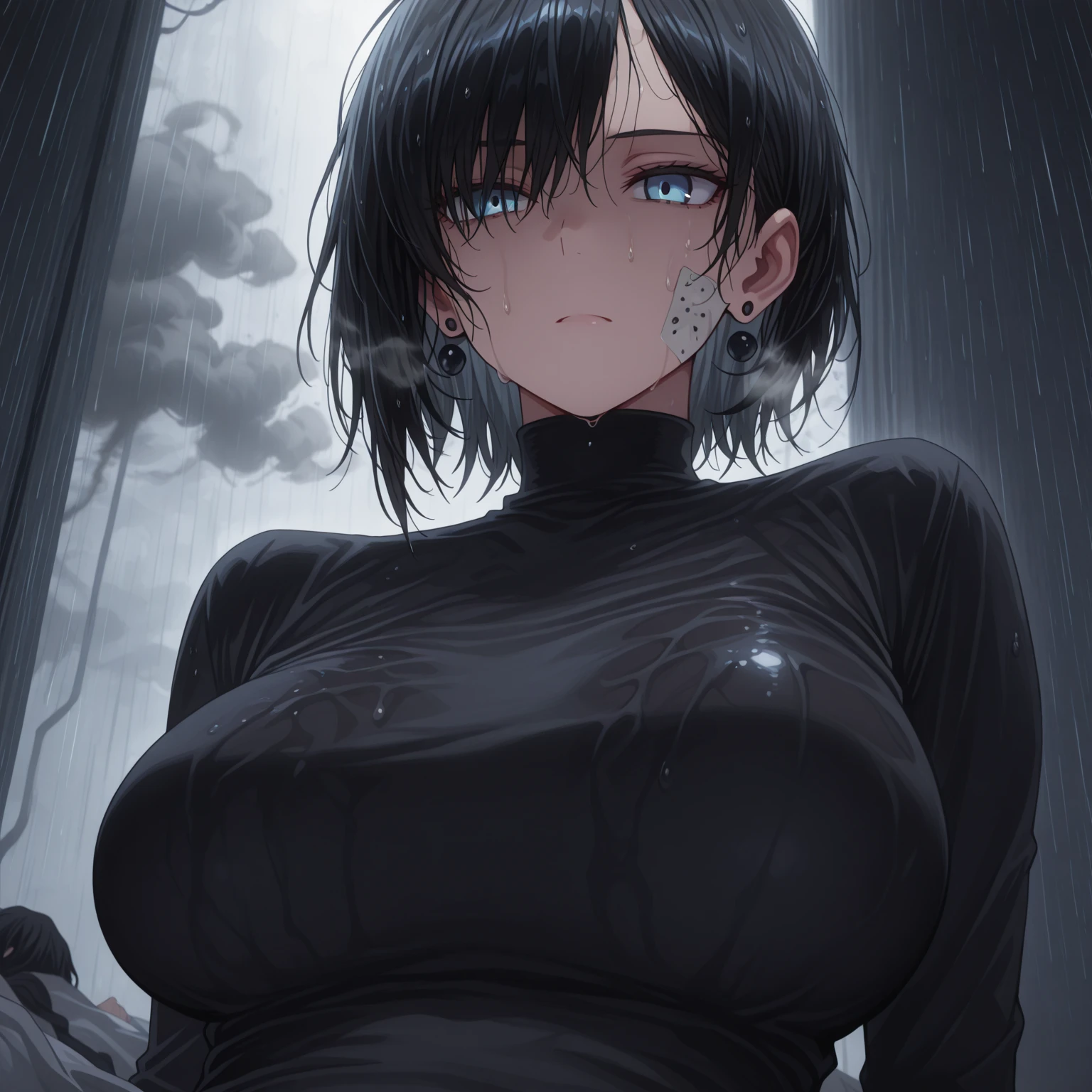 huge breasts, narrow waist, lustful expression, short hair, black hair, brown eyes, see-through nightgown, seductive pose, dusk, sweating, heavy breathing, fog, (dramatic light:1.4), upper body, dark theme