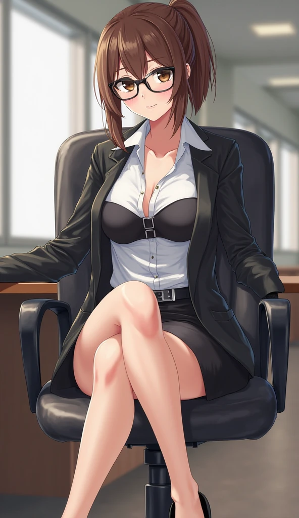 of the highest quality, Photorealistic, 8K, High Definition, 1 girl, Female, (1.8), Office, Office Lady, Blazer, uniform, no-bra, Pubic hair visible, , Skirt boldly pulled up, ((Sit on a chair、Keep your legs wide open)), Bend your knees and open your legs, slightly shorter hairstyle, Grab your knees with your hands to open your legs, Buttoned shirt flutters, no-bra, office backdrop