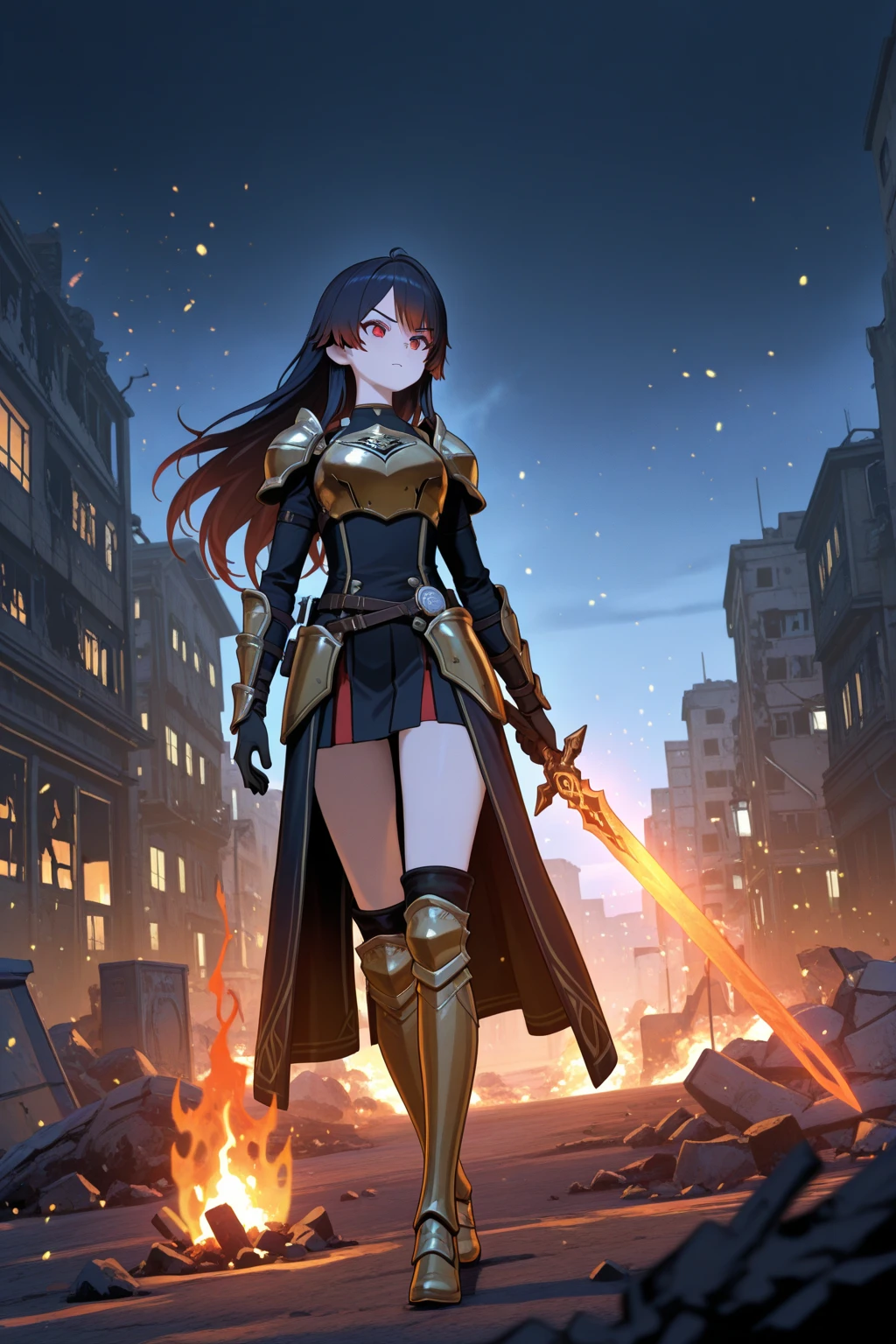 best quality, super fine, 16k, incredibly absurdres, extremely detailed, 2.5D, delicate and dynamic, ruthless, cool and beautiful female warrior, shining iridescent clairvoyance, rainbow-colored braided ponytail, captivating look, aroused expression, evil smile, teasing smile, grin, lewd smile, heavy armor, heavy beam rifle, ominous aura swirls effects, background skyscraper being split in two by a lightning strike, big red full moon, exposed steel beams, flying glass, demonic shadows, sparks, smoke, fog, eerie atmospheric colors, slow-motion effects, dark fantasy
