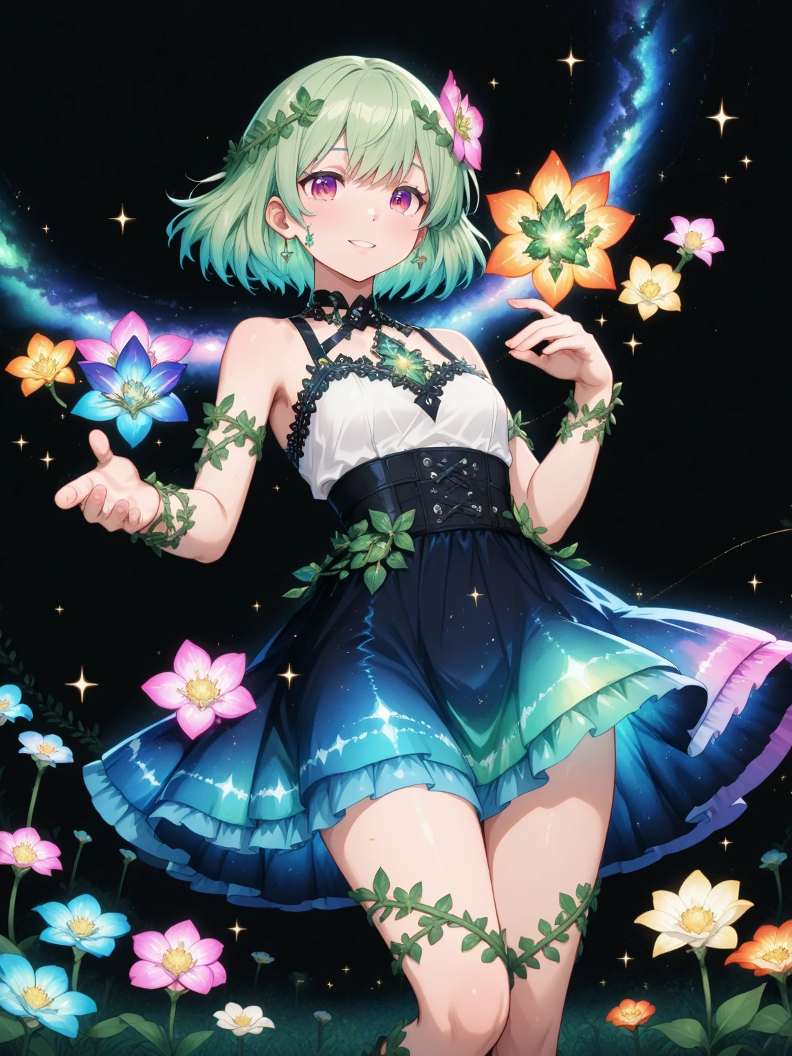 Lively standing posture,enchanting，，absurd, ultra detailed, masterpiece, best quality, Aesthetic, detailed, Solitary, Smile, 1 Girl, Aqua eyes, Double tail, 长度中等的Double tail, 有点乱的Double tail，Hair between the eyes, Bangs, crossed Bangs, Messy hair, Small Breasts, Shut up,Sleeveless shirt, Open coat, turtleneck, Purple sneakers, Half-taken off purple coat, Card issuance, Girl，Green Hair，Green Hair，Green Hair，Green Hair，thin，Thin legs，Charming pose，Sexy，Sexy，Red hair accessories，Ball between legs，Red and white ball，clown女，clown妆容，Purple skirt，Blue skirt，Ultra-clear，Ultra-clear，Looking at the camera，Full body portrait，Small breasts，Height 150cm，cute，Exaggerated smile，Six-headed body，Petite，slim，a beautiful Girl，Thin waist，clown，Ball between legs，Emerald green underwear，腿中间夹着Red and white ball，Right hand on the face，Left-handed scissorhands
