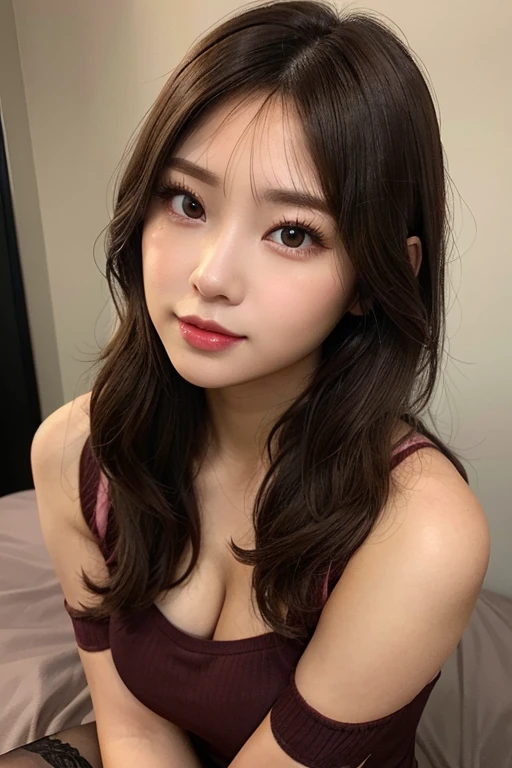 extreme close-up of beautiful beautiful korean female, 34 inch breasts size, wavy hair, wearing fish pattern pajamas, UHD