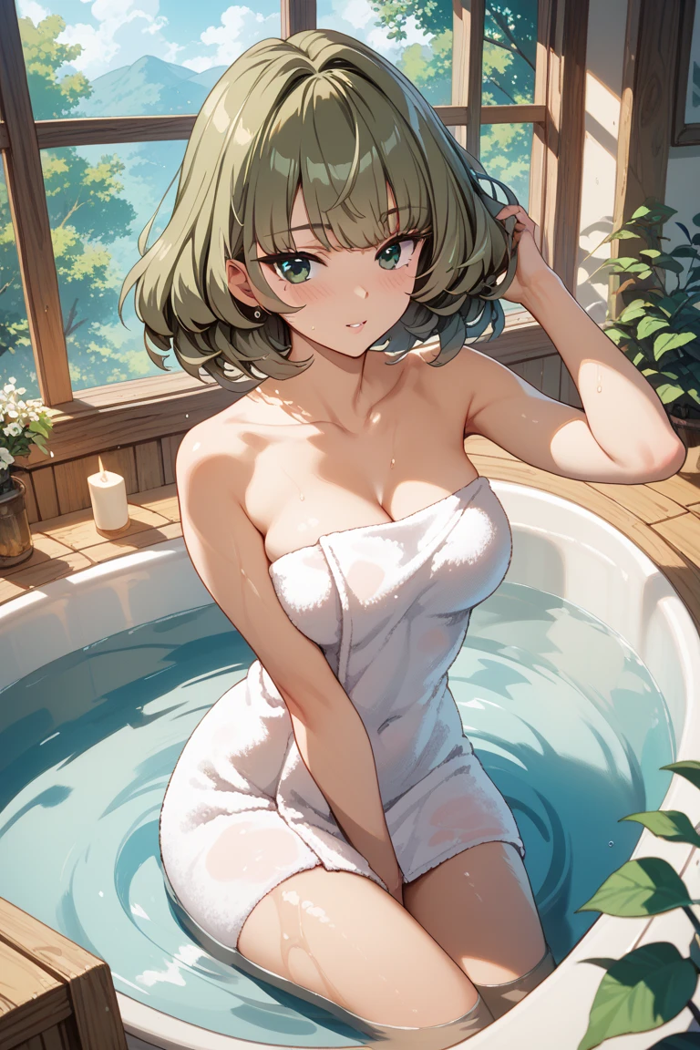 masterpiece, absurdres , (intricate details), (colorful),cinematic lighting,bust shot,extremely detailed CG unity 8k wallpaper, dimariayesta, (naked towel, seiza, nude cover:1.3), onsen, steam, (partially submerged:1.2), smile, looking at viewer, sitting