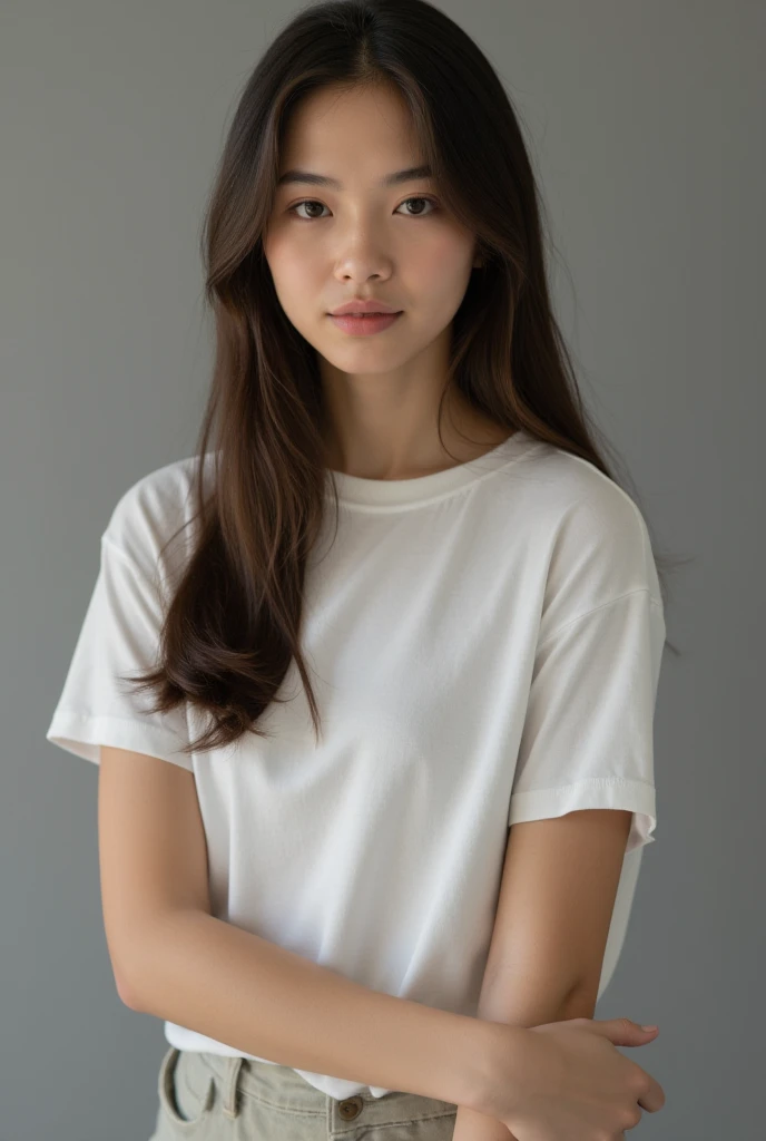 Give me the image of a Girl model which is looks like a real girl , make sure the looks does not show cartoon type look make sure a real girl model pic you made and Make sure she wear A pure white t shirt , Make sure Same model gives 6 poses in the same white t shirt