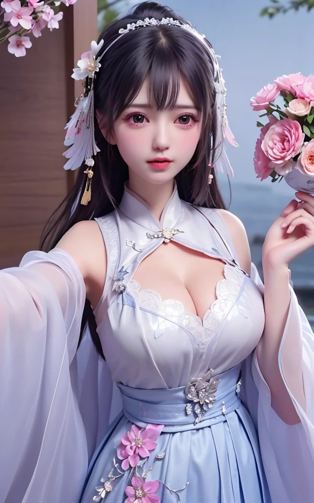 best quality、tmasterpiece、ultra high resolution、actual、1 girl、Glossy skin、((Surreal detailed))、Global photo、8K、Highly complex details、shinning eyes、Black straight hair、highkey、pureerosfaceace_v1、A smile、Elegant pose、plump breasts、White ultra-thin transparent lace、Lots of flowers in the background