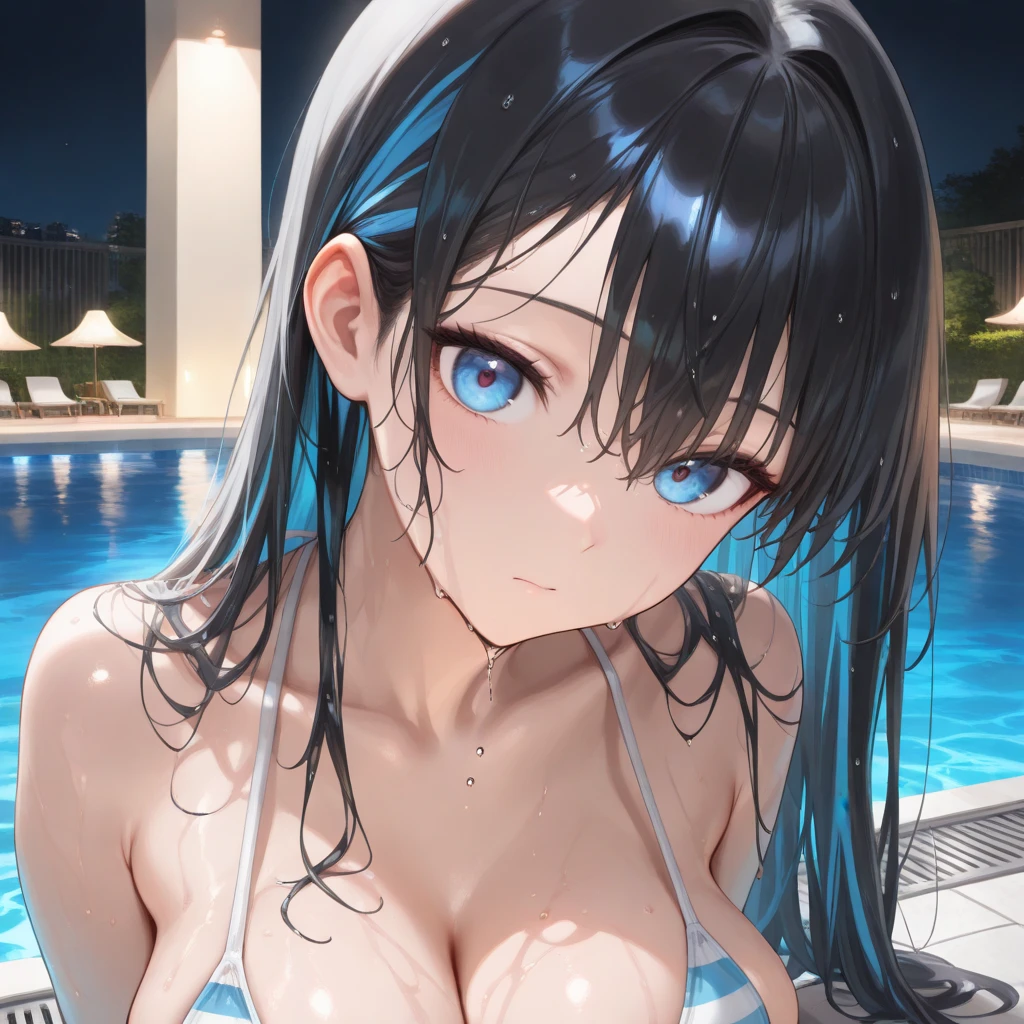 (masterpiece:1.0),(highest quality:1.0),Ultra-high resolution,Absurd,Very detailed,Swimming in the sea,A rich expression, One girl,alone,Long black hair,Large Breasts, Micro Bikini,whole body,summer,Taking a bath,水浴びでwhole bodyが濡れている,Topless,