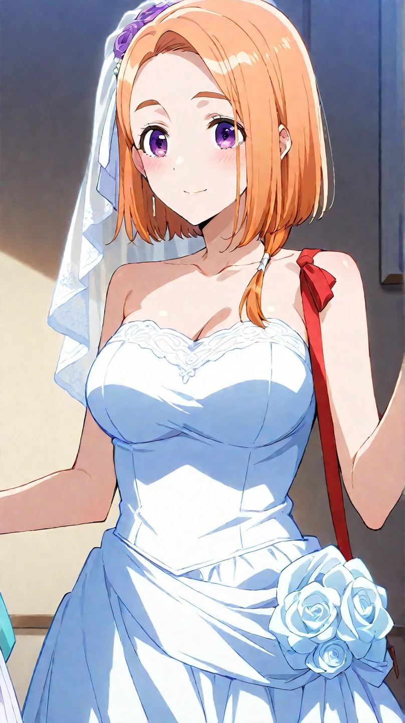 masterpiece, best quality, ultra-detailed, illustration,masterpiece, Best quality, high resolution, high resolution, Annadef, 1girl, solo, multicolored hair, two-tone hair, hair ornament, yellow eyes, short hair, pink hair, red hair, orange hair, beautiful detailed eyes, looking at viewer in a seductive look, close up, (breast focus), (arms behind back:1.2), (from above:1.1),big sized breasts, attempt to seduce,blush, cleavage ,(wide thighs), (weeding dress), (white dress),(white veil),(tight dress),((inside church)),((sitting))