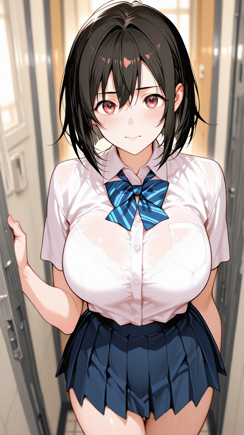 masterpiece, best quality,absurdres,(1 girl:1.3),(upper body:1.2),,(embarrassed expression:1.3), ,(blue black:1.3), shiny hair,,(light brown eyes:1.1),flipped hair,,BREAK,(naked blazer:1.3),(nipple:1.3),(large breasts:1.1),(classroom:1.1),(from above:1.1),