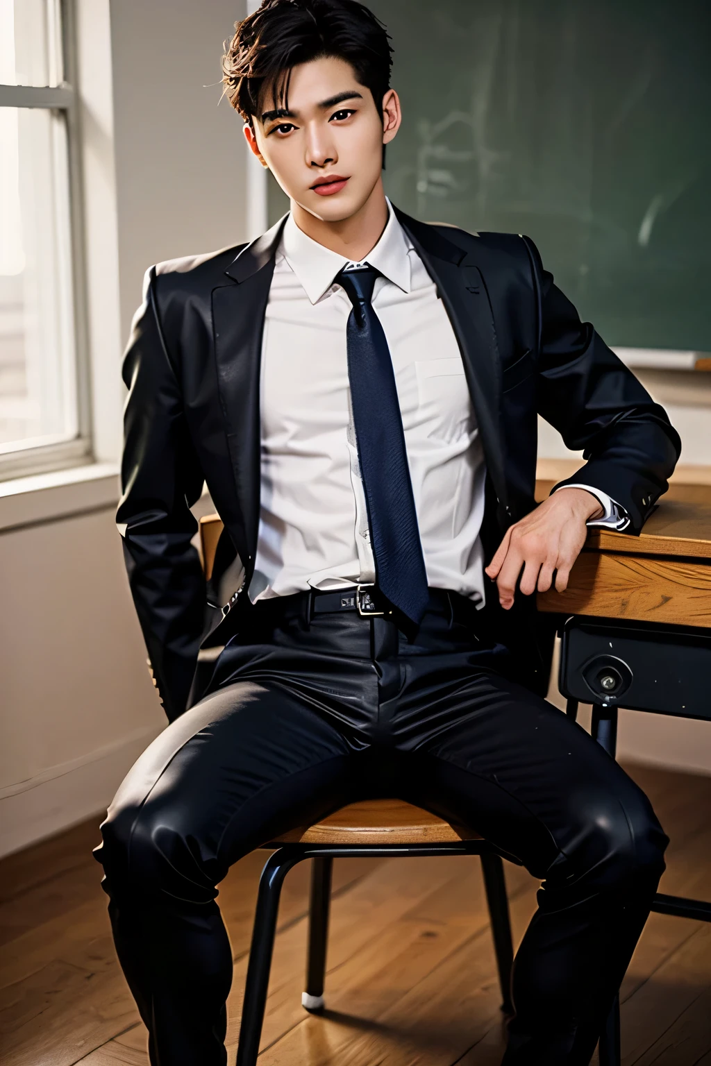 Young men,Senior,Asian men,Slim young handsome guy,male people,cool guy,chest muscle,Abs,((8K,RAW photos,top Quority,tmasterpiece),HD RAW color photo professional close-up Photograph,(realisticlying,realisticlying:1.37),(HighestQuali),(Best shadow),(Most Best Illustration),鎖骨((The large)),((,,超高分辨率,HD CG unifies 8K wallpapers,physically-based renderingt,cinmatic lighting),(aegyo sal:1),18 year old boy,(grey blazer,Ribbons,sockes,High School Uniforms:1.2),high school classroom, beatiful detailed eyes,Light on the face,((full body shot shot:1.2)),Particularly bright light,(Upper Eye,grinning smile:1.2),shiny skins,,(thick thight),ulzang-6500-v1.1:0.2,is shy,(flash lights:1.2),NSFW,(puffynipple),((tempting pose:1.2,big breasts enchanting:1.2)),(Idle),(Sit at a desk in the classroom:1.2)),((Good anatomy:1.2)),((Bright and refreshing classroom,The background is blurred out: 1.2)),Handsome face,(high-angle shot:1.2)cool guy,cool guy,
