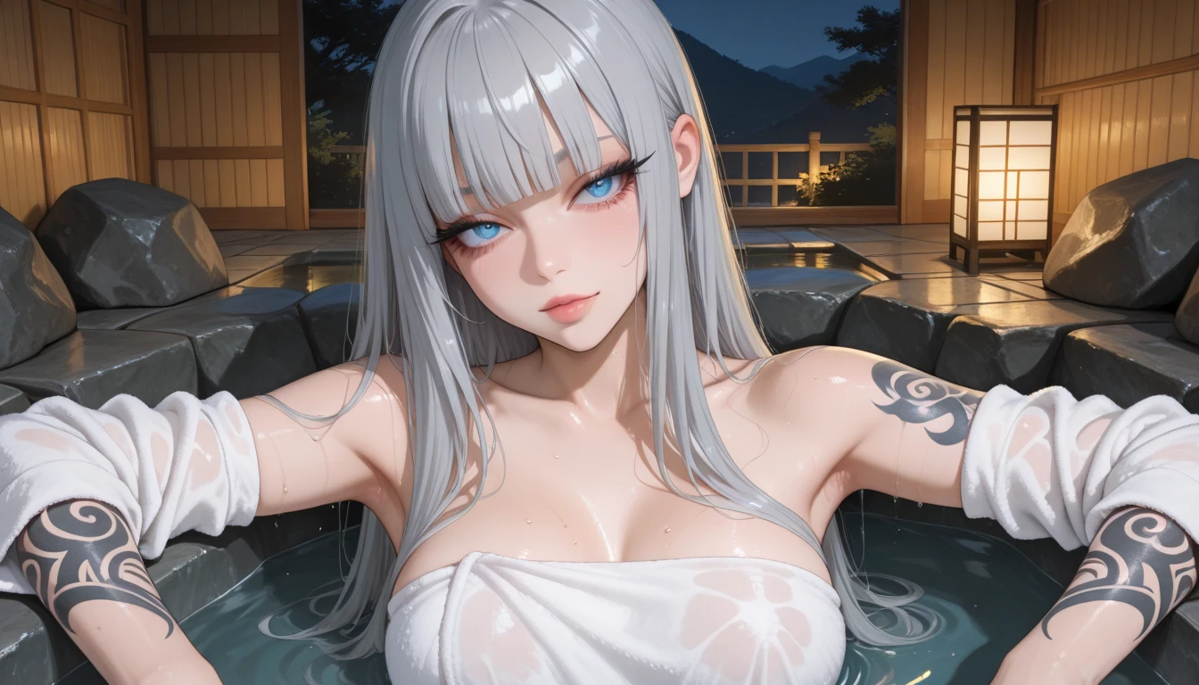 masterpiece, best quality, ultra-detailed, illustration, warm lighting, bright colors, 8K wallpaper, 1girl, solo, very long hair, white hair, blue eyes, wet hair, closed mouth, wet skin, swimsuit, bikini, night, moon, stream, water, (hot spring), out doors, outside, stones, Japanese hot spring, resting in the water, steam, bamboo forest, liquer, booze, rice wine, lotus floating on the water, ripples, ripples in the water, hair floating on the water, relaxed expression, relaxed, fence, japanese rope, lantern, sake, sake in a pitcher, floating plate, <lora:queen:0.65>