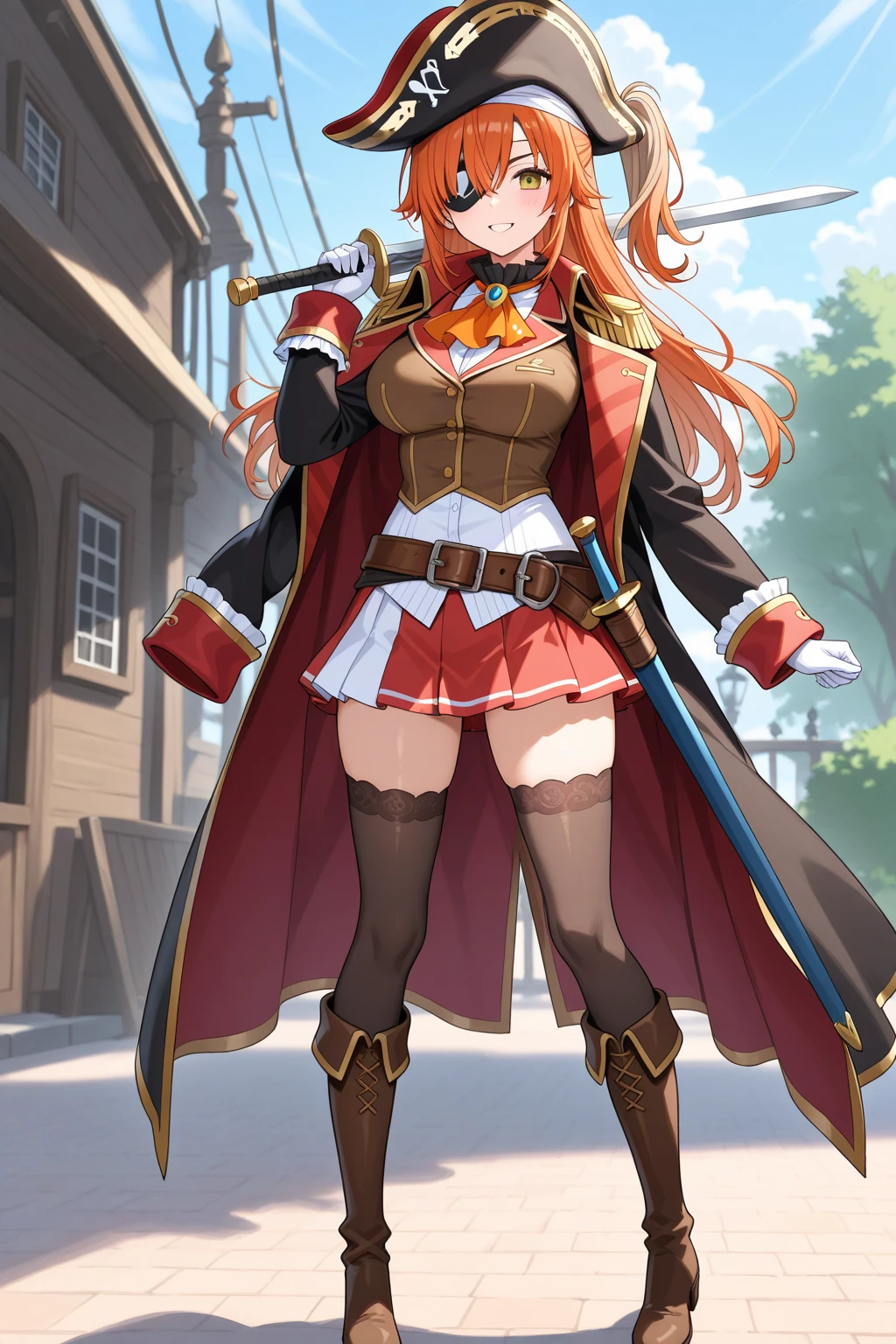 natasha_radinov_v1, caramel-apple-spiked hair, black coat, black pants, white t-shirt, brown belt, athletic, long sleeves, 1girl, hands on hips,holding sword, full armor boots, huge breast, pirate costume, pirate hat, smile