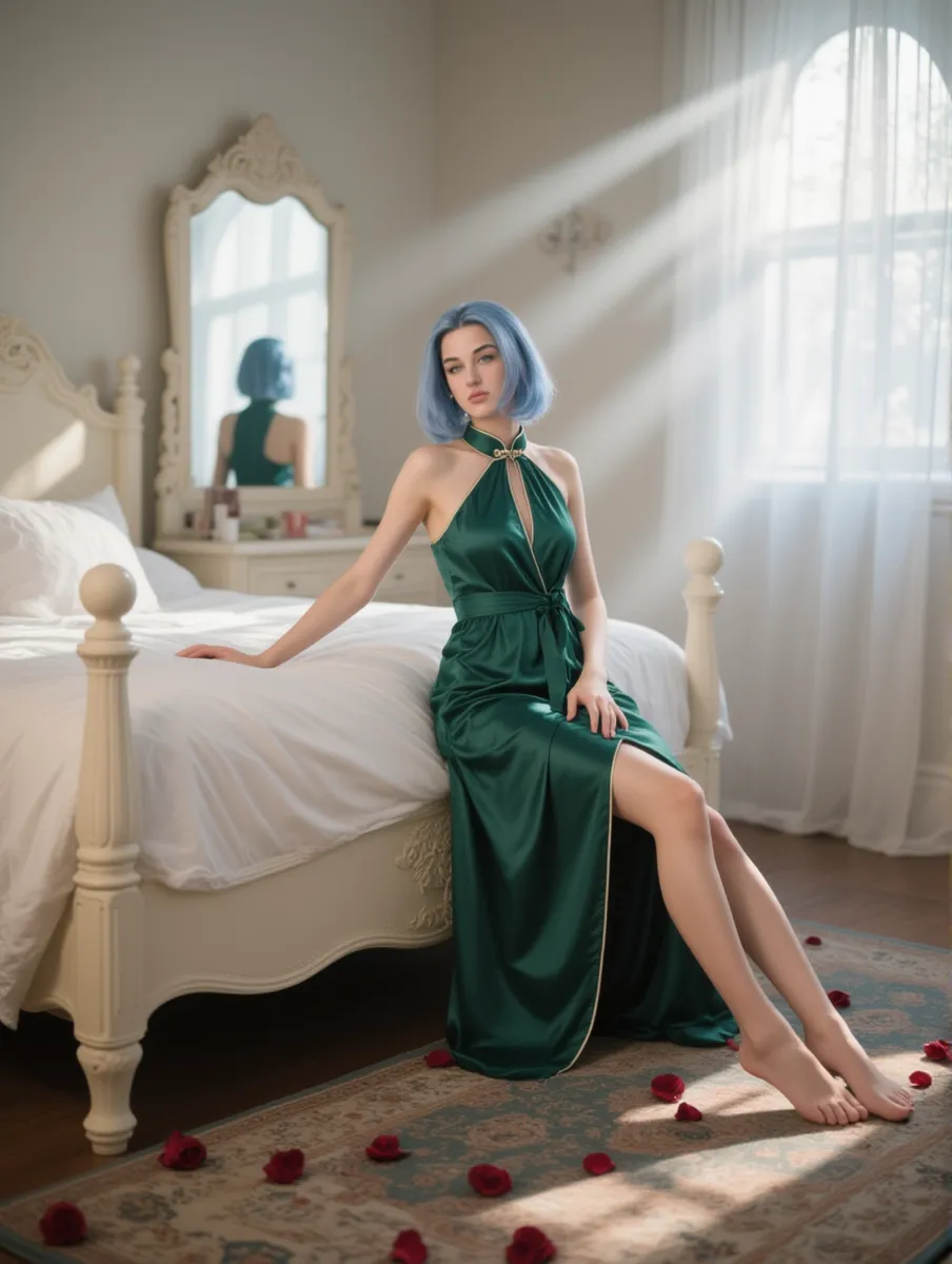 (((Woman, 20 Years Old, Nordic Ethnicity, short blue hair, perfect face, light freckles, Blue-Green Eyes))), ((reclining on a plush chaise lounge, one leg draped over the side)), (wearing a silky, revealing evening gown). ((Holding a cup of coffee with a relaxed, sensual expression, gazing off to the side)), (((soft, warm lighting from a nearby lamp creating a moody, intimate atmosphere))), (luxurious room setting with elegant decor and rich textures). (((Color palette - turquoise, neon green, yellow shades))), (best quality, 8k, masterpiece, ultra-detailed, photorealistic, soft lighting, sharp focus).