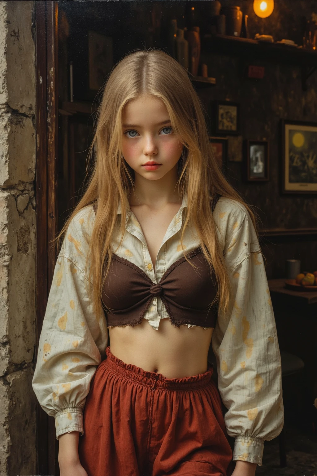 (masterpiece, Highest quality:1.1), (ultra detailed 8k cg:1.2), (hyperRealistic:1.35), (PhotoRealistic:1.45), (Realistic:1.4), [Cowboy Shot], (Soft lighting),1 girl,Russian girl, 14 years old,(crown braid hair),long hair, Please raise your hand,hand behind head,topless,(Flat Chest:1.2),nipples,thin waist,