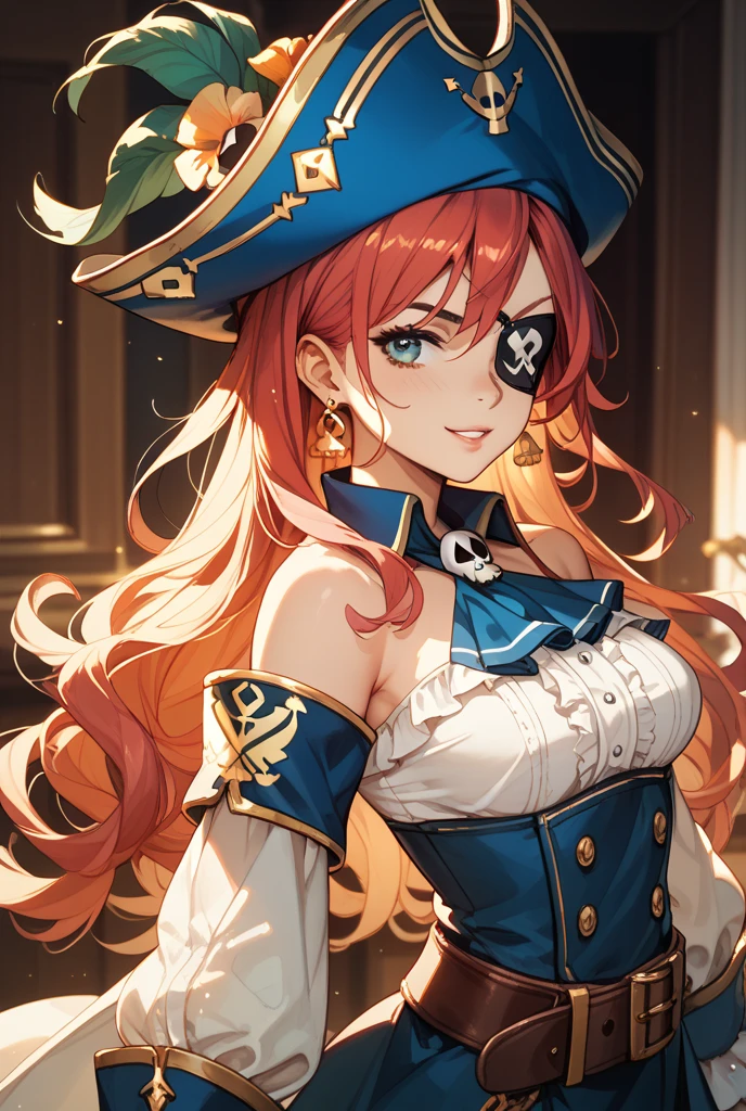 (Masterpiece. The best quality. 8K. Sharp focus. Depth of field, The best shadows. Perfect lighting. HDR. Realistic skin texture. Ultra-detailed background. Detail). Anime style. Honkai: Star Rail. March 7. 1 girl. Fiery red hair, short hair. Azure blue eyes, beautiful eyes, beautiful eyes, expressive eyes. Beautiful nose, perfect facial features. B-size breasts, beautiful breasts. Long beautiful legs. Arms crossed on chest, right hand near face, right hand placed on cheek, Ara Ara. Pirate hat, white blouse, pirate pants, pirate knee-length boots, elbow-length leather gloves, wide belt on waist, gold bracelets on hands, gold hoop earrings in ears. Pirate uniform-cloak. Shoulder straps with Jolly Roger on shoulders. On the belt there is a saber and a musket.  Stands at full height at the ship's helm. Full body.