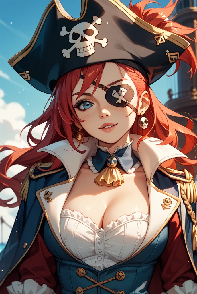 (masterpiece, best quality:1.2), intricate details, <lyco:GoodHands-beta2:1>, <lora:captain_fortune-000010:1>, captain fortune, 1girl, cleavage cutout, pirate hat, braid, puffy sleeves, elbow gloves, cleavage