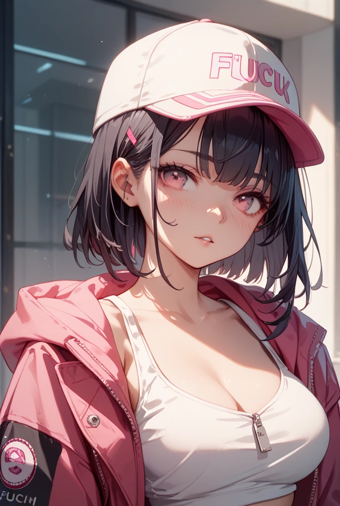 (high quality, 8k, 4K, High Contrast, masterpiece:1.2, 最high quality, Best aesthetics),high angle shot, Newsboy cap,((1 female)),((Crouching:1.5)), ((Background in a dark room:1.3)), ((Holding a lit cigarette:1.4)) ((Flat Color)),High Contrast, Contrasting colors, , Pale pink and blue lighting,Black Hair, Red eyes, Oversized blackTshirt,Denim shorts,(White loose socks),Black and red sneakers, Looking at the audience, (Cool look), Sleepy eyes, ((Short Hair)) , (Tied Hair), Small star-shaped earrings in both ears, bright eyeshadow, Mature face,watch on right wrist,necklace,The cleavage is visible,small tits