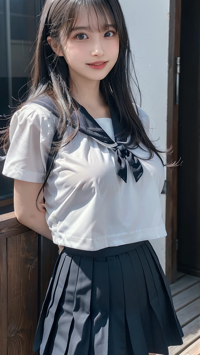 masterpiece, Highest quality, 8K, Young beautiful girl, Baby Face、Clothed Big Tits、((((((10 years old)))))),((Large Breasts:1.3)), photo shoot, Cute face,  Embarrassing、smile、 makeup, Ten generations, Detailed face, Long Hair、Black Hair、Narrow waist,((school uniform、White shirt、Checkered mini skirt))、Black knee-high socks,