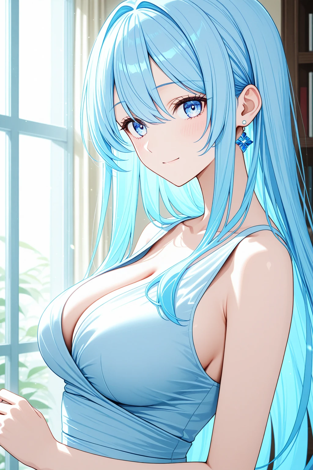 Highest quality、Highest quality、masterpiece、Beauty、Navy blue long hair、blue eyes、Sexy White Bikini(Dark stripes)、Big cleavage、(Big Breasts)、smile、blue necklace、Blue Earrings、background(Beach)、Please open your mouth wide、White headband、bracelet、Dynamic pose
